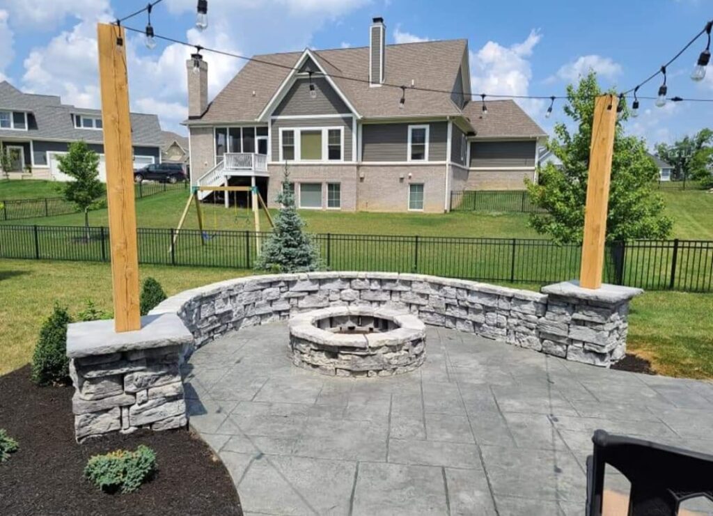 Stone Fire Pit and Stamped Concrete