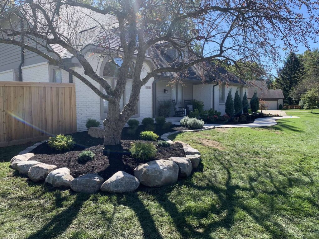Boulder retaining wall Mulch Plants